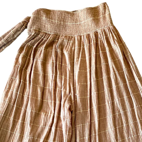 Free People Tan Checker Print Wide Leg Tie Waist Textured Gauze Pants - 12 - Picture 6 of 11